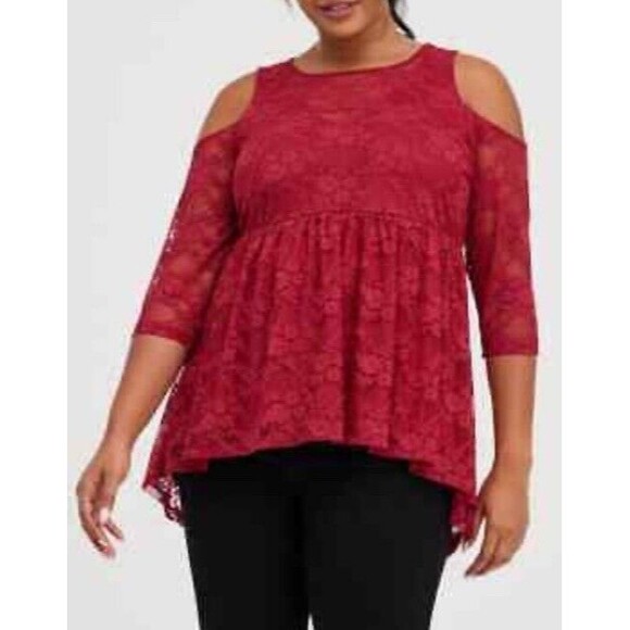 Torrid Babydoll Stretch Lace Cold Shoulder Top Size 4 4X Red Hi Lo Tunic BOHO - Picture 1 of 10